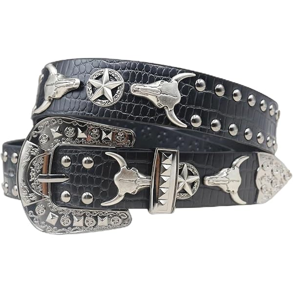 LumiSyne Studded Belt Women Men Black Leather Belt With Silver