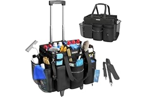 CORBYLES Rolling Cleaning Caddy Bag with Detachable Trolley, Cleaning Supplies Organizer Cart on Wheels, Cleaning Supply Caddy for Housekeepers, Large Professional Detailing Bag Tote for Home, Car (Black)