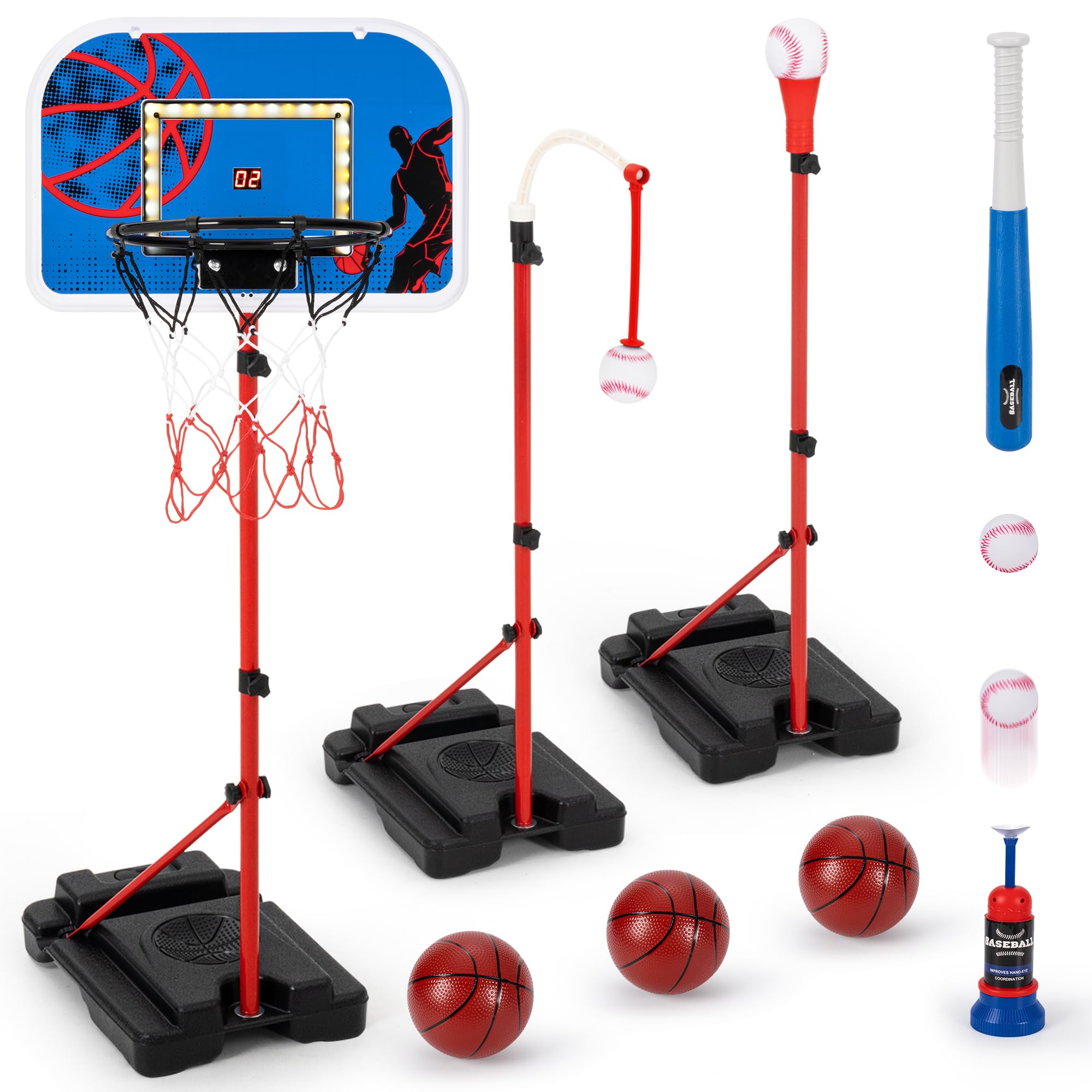 Photo 1 of ***************MISSING PIECES***********
5 in 1 Kids Basketball Hoop and T Ball Set, Adjustable Height Basketball Hoop with Scoreboard & LED, Tball Set for Toddlers 3-5, Mini Hoop Indoor/Outdoor, Toys for Kids