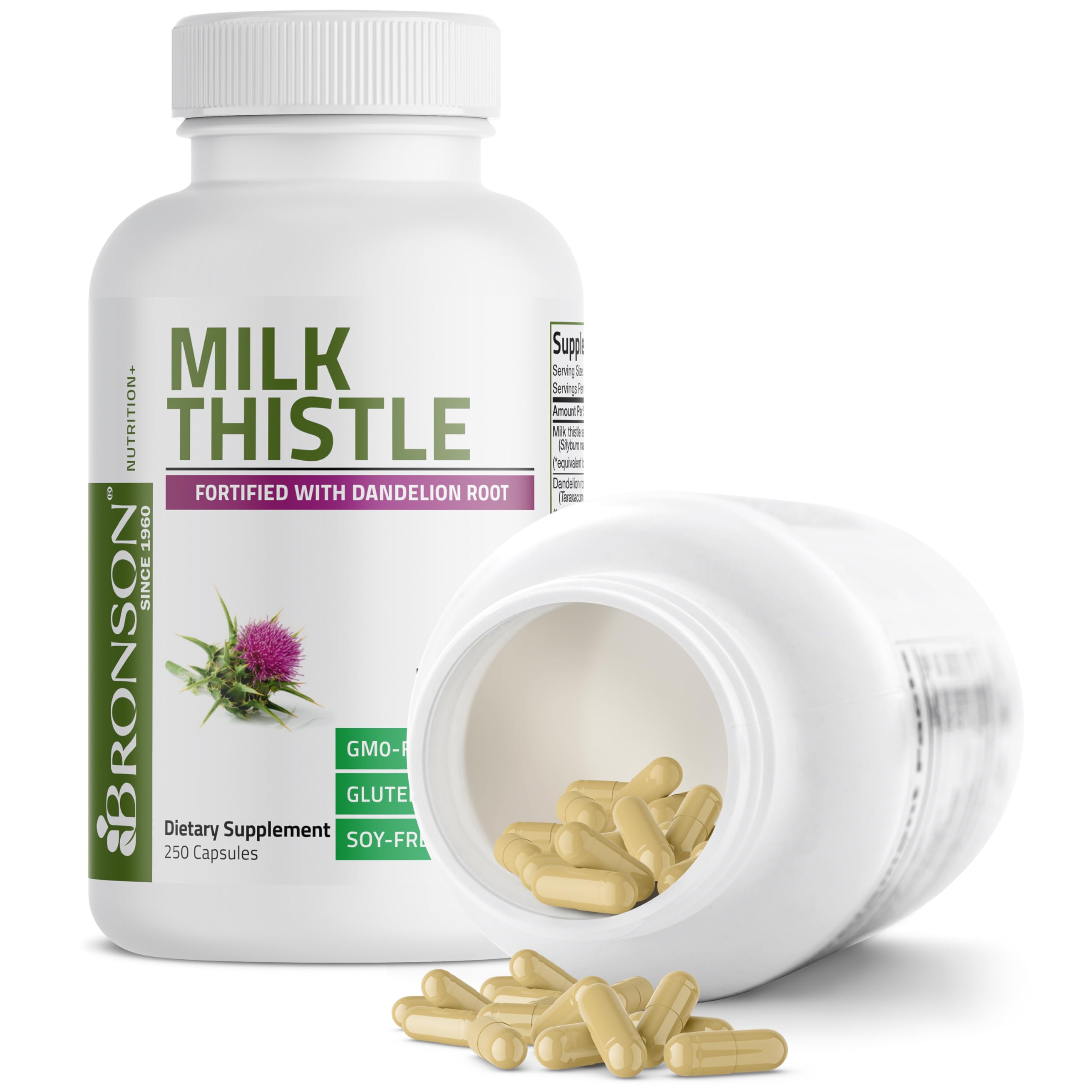 Bronson Milk Thistle Silymarin Marianum & Dandelion Root Liver Health Support, Antioxidant Support, Detox, 250 Capsules