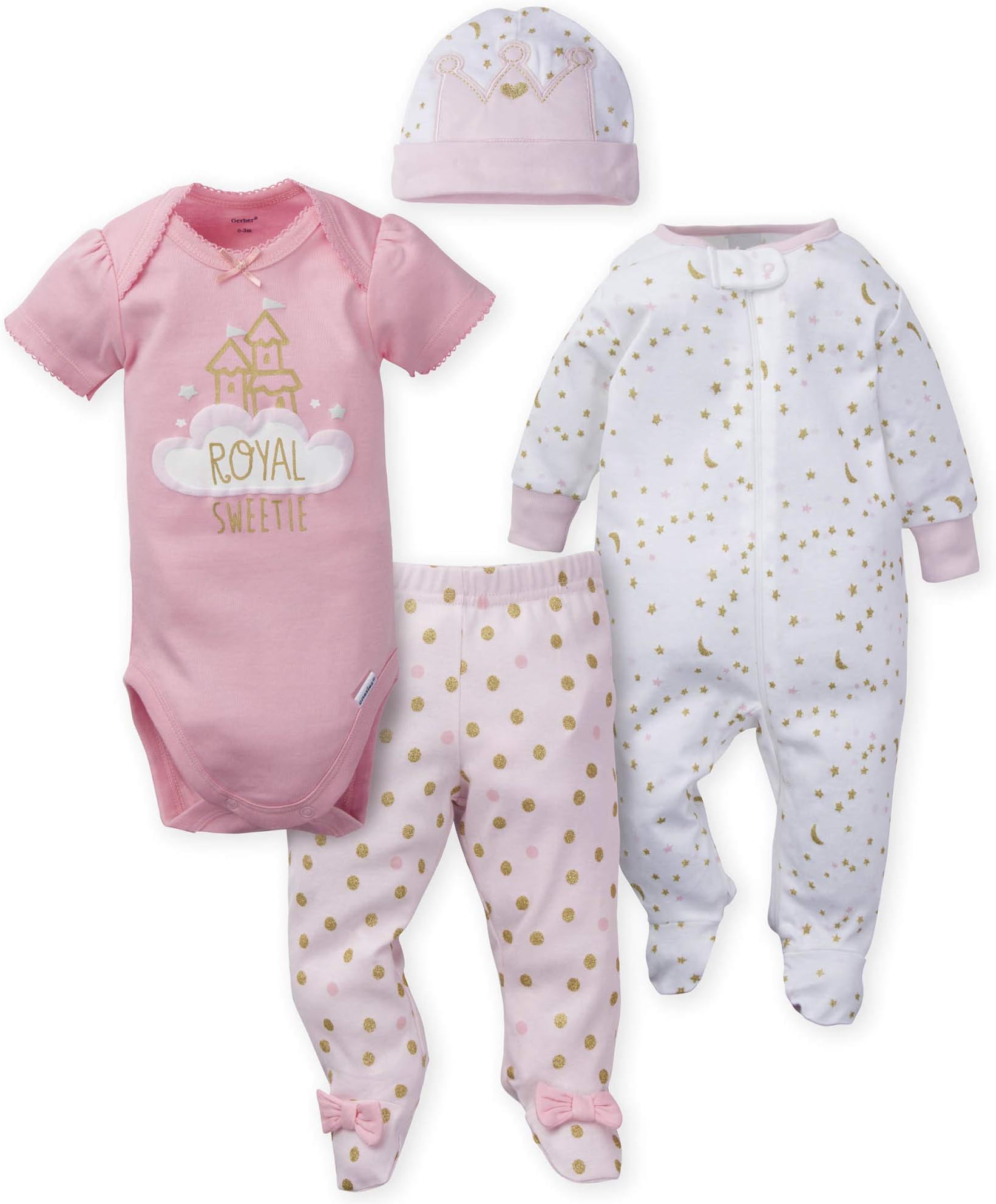 Baby Girls' 4-Piece Sleep 'N Play, Onesies, Pant and Cap