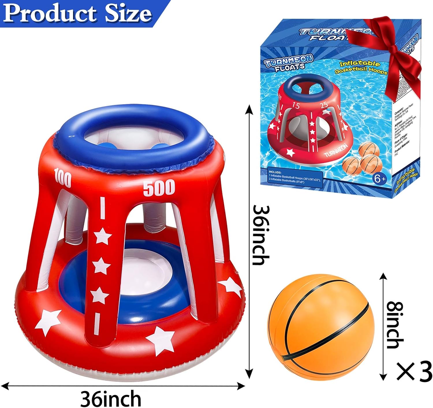 TURNMEON 4 In 1 Set Giant 36'' Inflatable Pool Basketball Hoop with 3 Balls 6 Score Hole Swimming Pool Party Game Toys Kids Adults Family Volleyball Beach Ball Toss Game Summer Outdoor Water Toy Sport: Sports & Outdoors