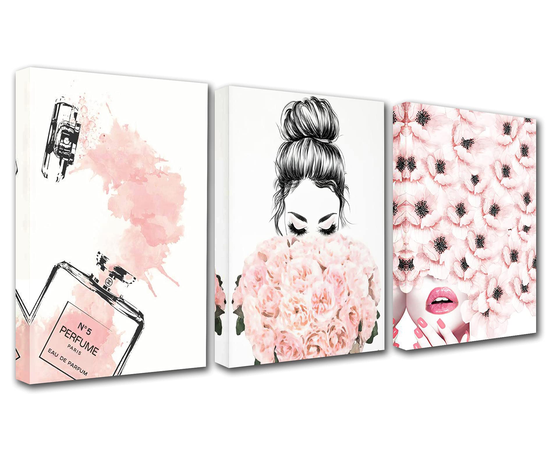 3 Pieces Fashion Women Pink Canvas Wall Art for Living Room Decor Girl Flowers Pink Poster Print Framed Home Decor Room Wall Pictures Dressing Room for Girls Gift Wall Decor Artwork 42x20 Inch