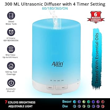 Allin Exporters Ultrasonic Diffuser And Humidifier Different Colorful Led Light Modes 300 Ml Water Tank For 6-8 Hours Continuous Operations (300 ML)