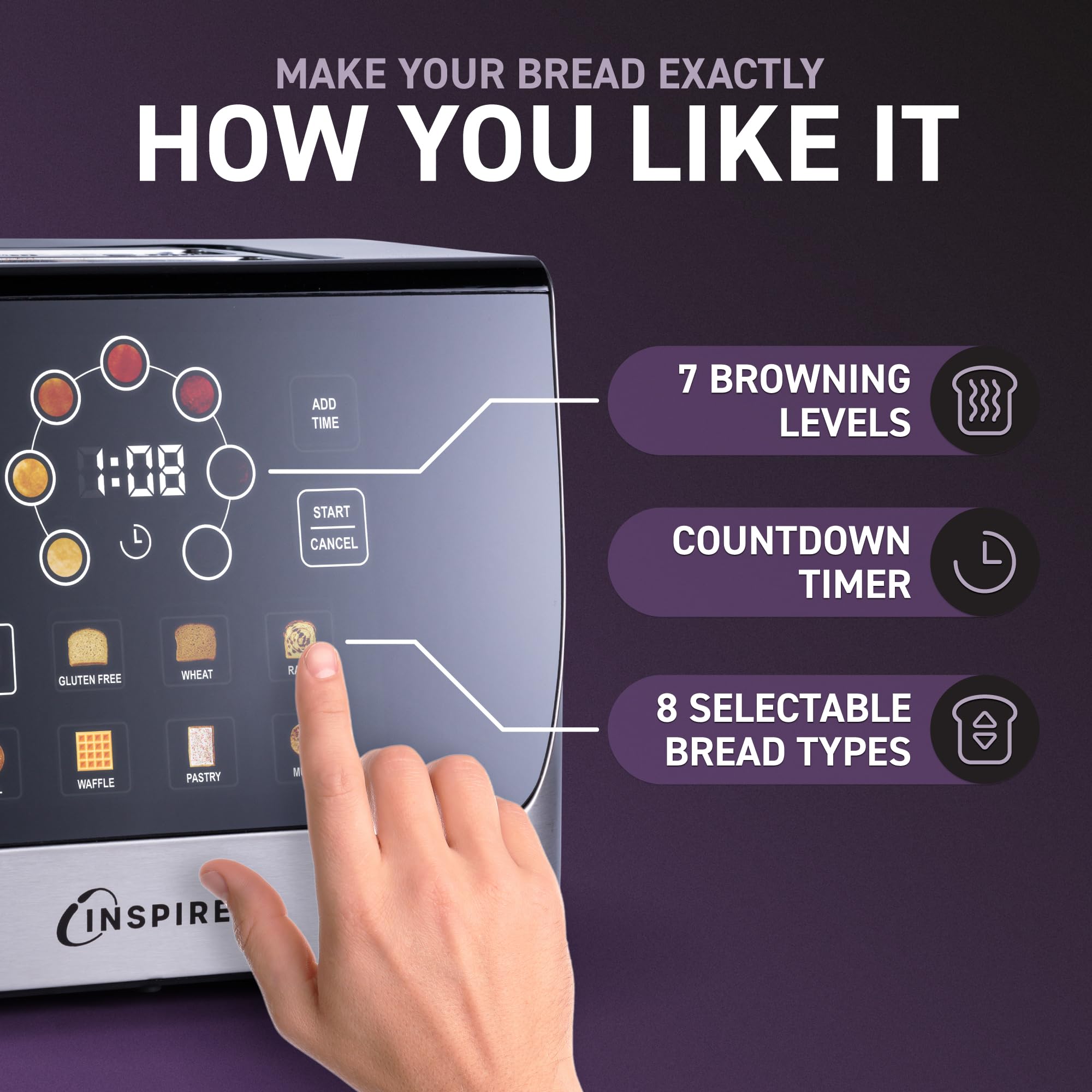 Inspirex Tostadora inteligente con pantalla táctil, 2 rebanadas con 8 tipos de pan y 7 modos de dorado, descenso y elevación automáticos, cuenta regresiva digital, estilo moderno, acero inoxidable