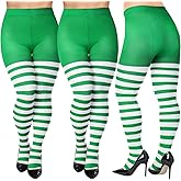 Eurzom 2 Pairs Plus Size Green and White Striped Tights for Women St. Patrick's Day Nylon Stockings Irish Costume Accessories