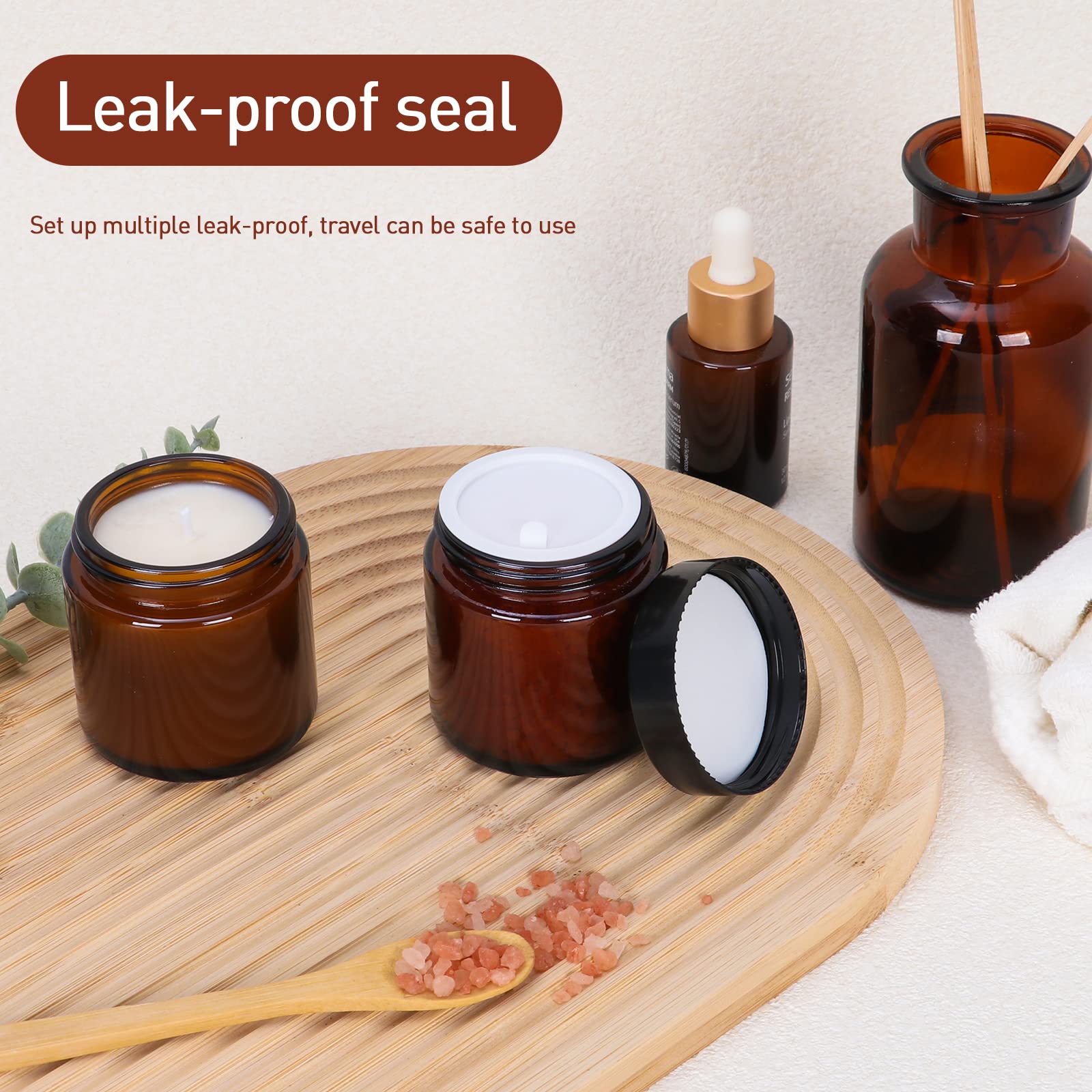 Keketin 4 oz Amber Glass Jars,15 Pack Empty Cosmetic Containers with Inner Liners and Black Lids,Refillable Round Cream Jars for Lotion,Bath Salts,Travel