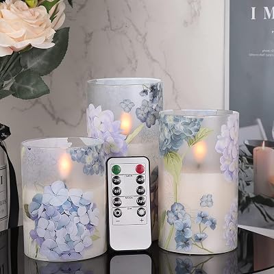 Eldnacele Hydrangea Glass LED Candles Remote Timer Battery Operated 3 4 5 6 in