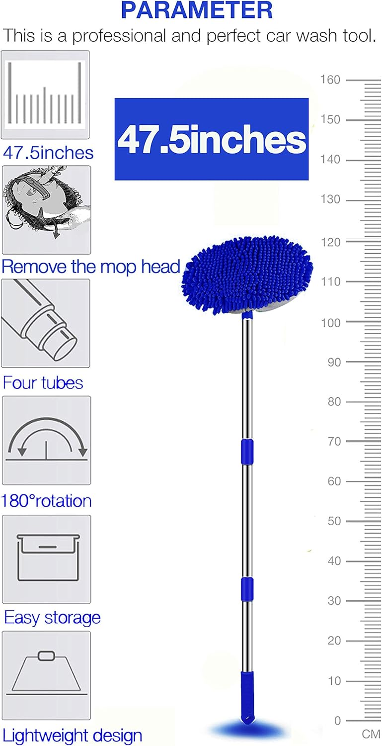 WillingHeart 47.5" Car Wash Brush Mop Cleaning Tool with Long Handle Kit for Washing Detailing Cars Truck, SUV, RV, Trailer, Boat 2 in 1 Chenille Microfiber Sponge Duster Not Hurt Paint Scratch Free: Automotive