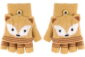 Cartoon Convertible Flip Top Gloves Toddler Kids Winter Wool Knit Fingerless Gloves with Mitten Cover for Girls Boys 2-15 Yrs