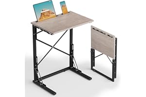 Evermagin 21''Wx28''H Folding TV Tray Table, Small Foldable C-Shaped End Table for Eating with Tablet and Phone Slots, Slide Under Couch Side Table for Recliner, Living Room, Bedroom, Greige