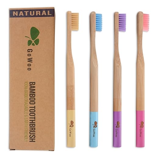 GoWoo 100% Natural Bamboo Toothbrush Soft â Organic Eco Friendly Toothbrushes With Soft Nylon Bristles, BPA-Free, Biodegradable, Dental Care Set for Men and Women, Pack Of 4, Rainbow Color