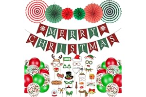 HOLIWOER Christmas Party Decorations, Xmas Decorations Merry Christmas Banner Paper Fans Photo Booth Props Kits Party Favors Supplies for Wall Home Class Office Decor, Green Red