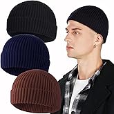 PHILIGHTS 3PCS Short Fisherman Beanie Hat for Men Women, Wool Knit Cuff Winter Warm Hats