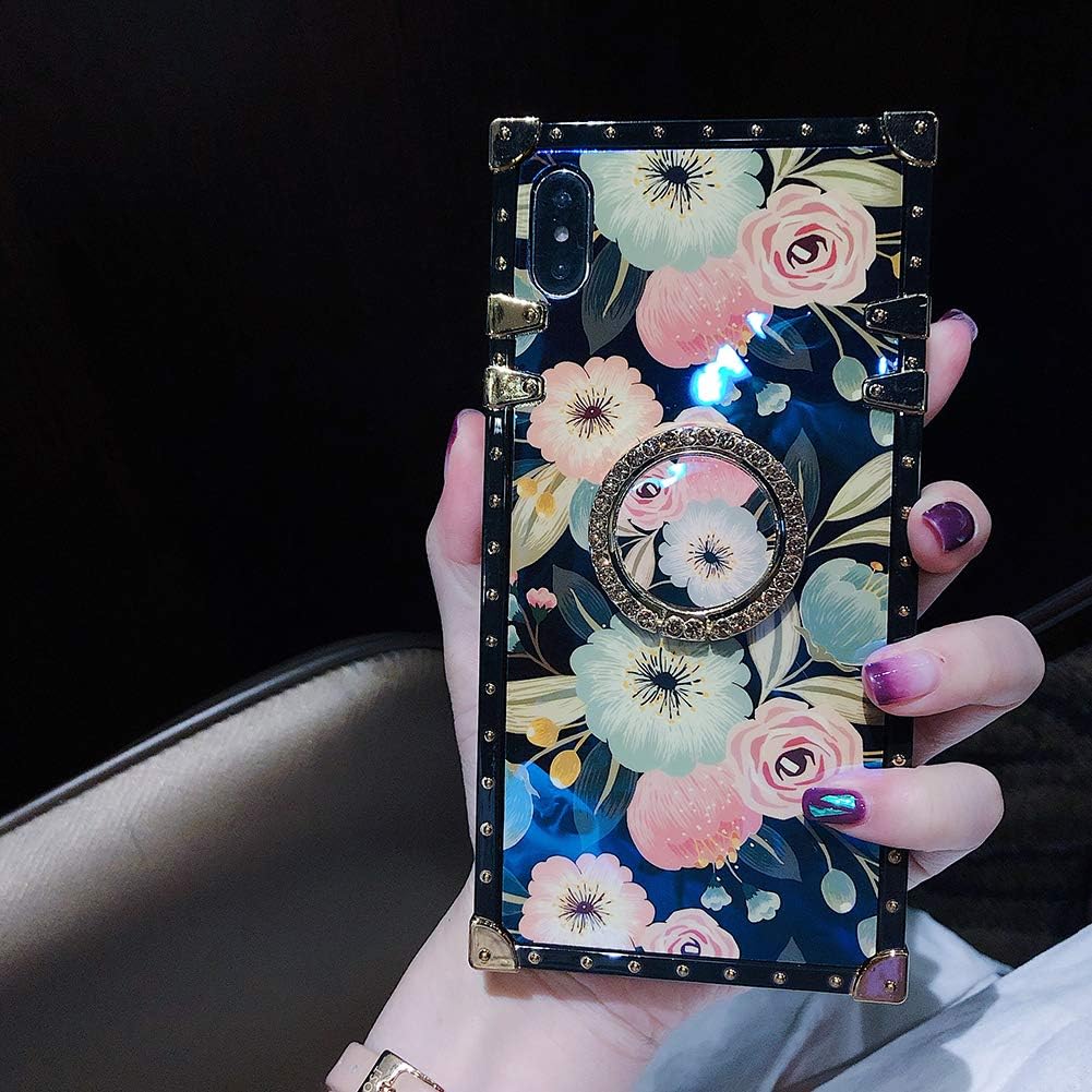 Retro Square Floral Phone Case for iPhone XR with Holder Ring Rose Flowers Soft Protective Shockproof Cover (Rose 2, iPhone XR 6.1'')