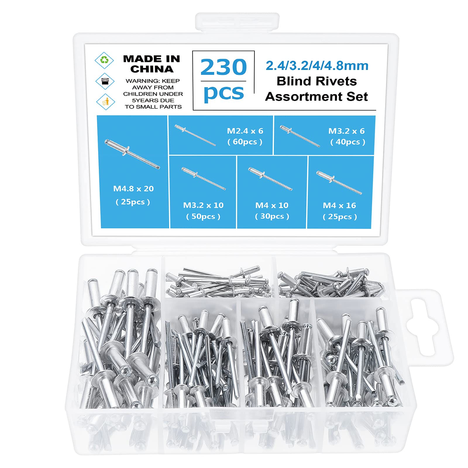 Gueenky 230Pcs Pop Rivets Assortment, 2.4/3.2/4/4.8 mm Blind Rivets Aluminum Pop Rivets Large Flange, 6 Sizes Dome Head Pop Rivets for Metal Wood Plastic — image 1