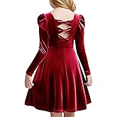 Arshiner Girls Long Sleeve Dress Velvet Crew Neck Bow Back Holiday Party Dresses with Pockets