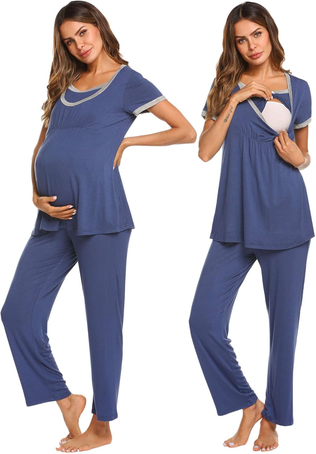 Ekouaer Nursing Nightgowns Delivery Pajamas Soft Maternity Pj Sets(Navy