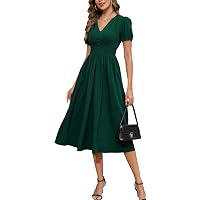 Kormei Women's Boho V-Neck Midi Dress - Smocked Waist, Short Sleeve, A-Line Swing With Pockets - View #7