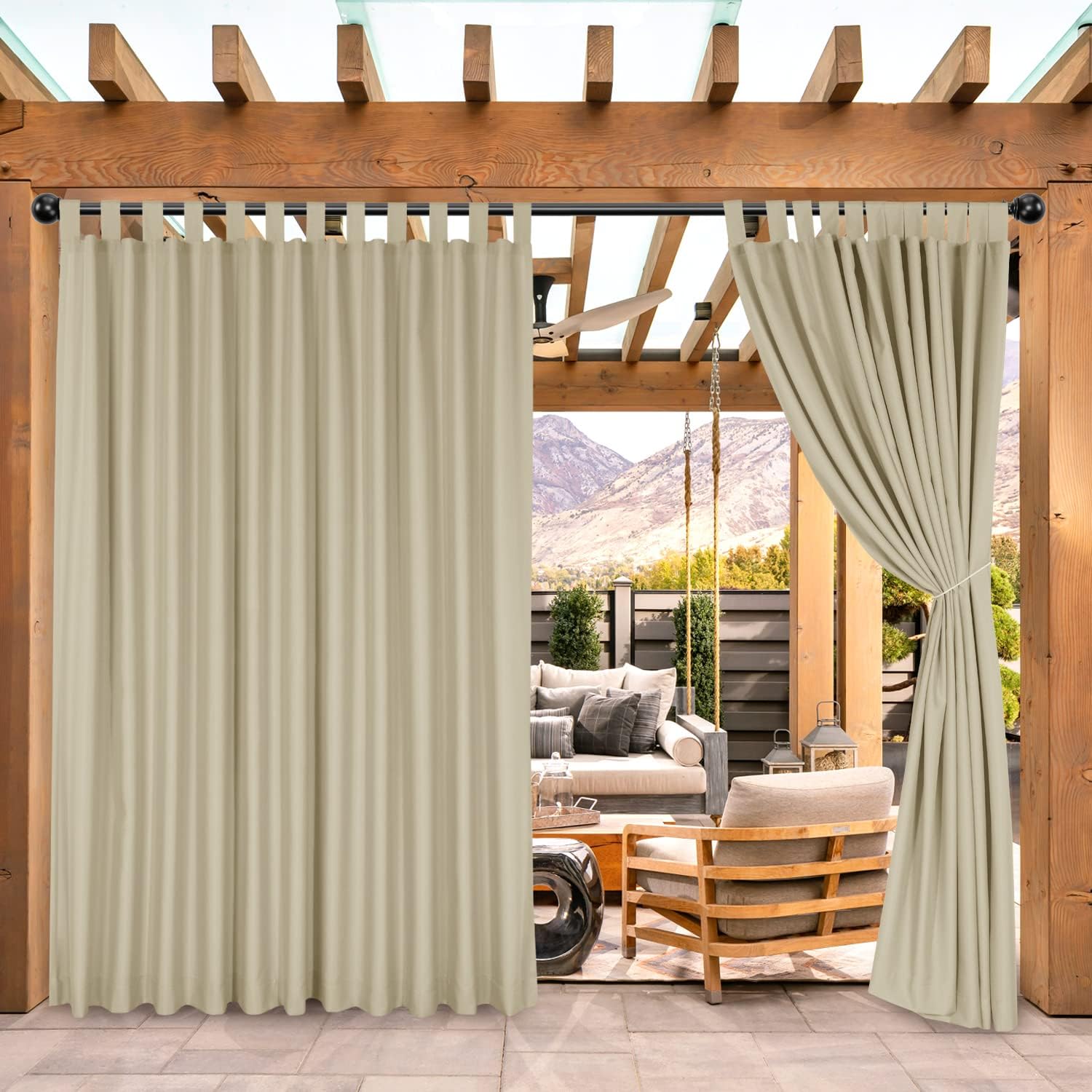 Outdoor Curtains - BONZER Outdoor Waterproof Curtains for Patio, Wide Tab Top Sunlight Blocking Outside Curtains for Porch, Pergola, Gazebo, Cabana, 1 Panel, 100x120 Inch, Beige