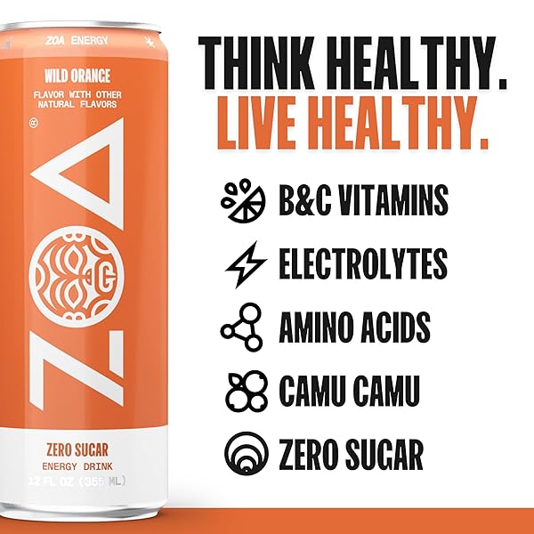 ZOA ZERO SUGAR ENERGY DRINKS – WILD ORANGE | HEALTHY ENERGY FORMULA WITH NATURAL CAFFEINE, DAILY VITAMIN C, ESSENTIAL B-VITAMINS | GLUTEN-FREE, KETO FRIENDLY | 12 OUNCE CANS (PACK OF 12)