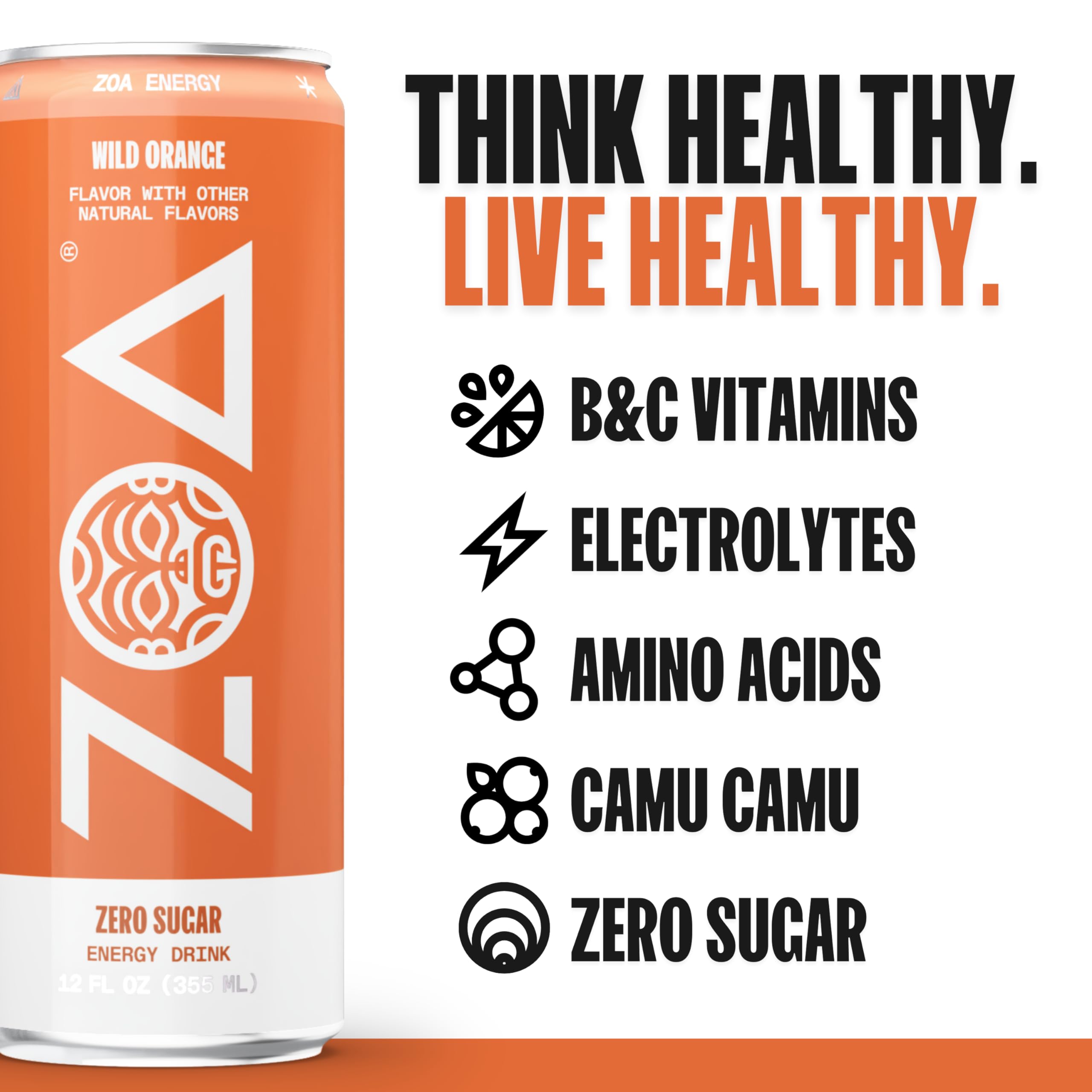 ZOA Zero Sugar Energy Drinks, Wild Orange - Sugar Free with Electrolytes, Healthy Vitamin C, Amino Acids, Essential B-Vitamins, and Caffeine from Green Tea - 12 Fl Oz (12-Pack)