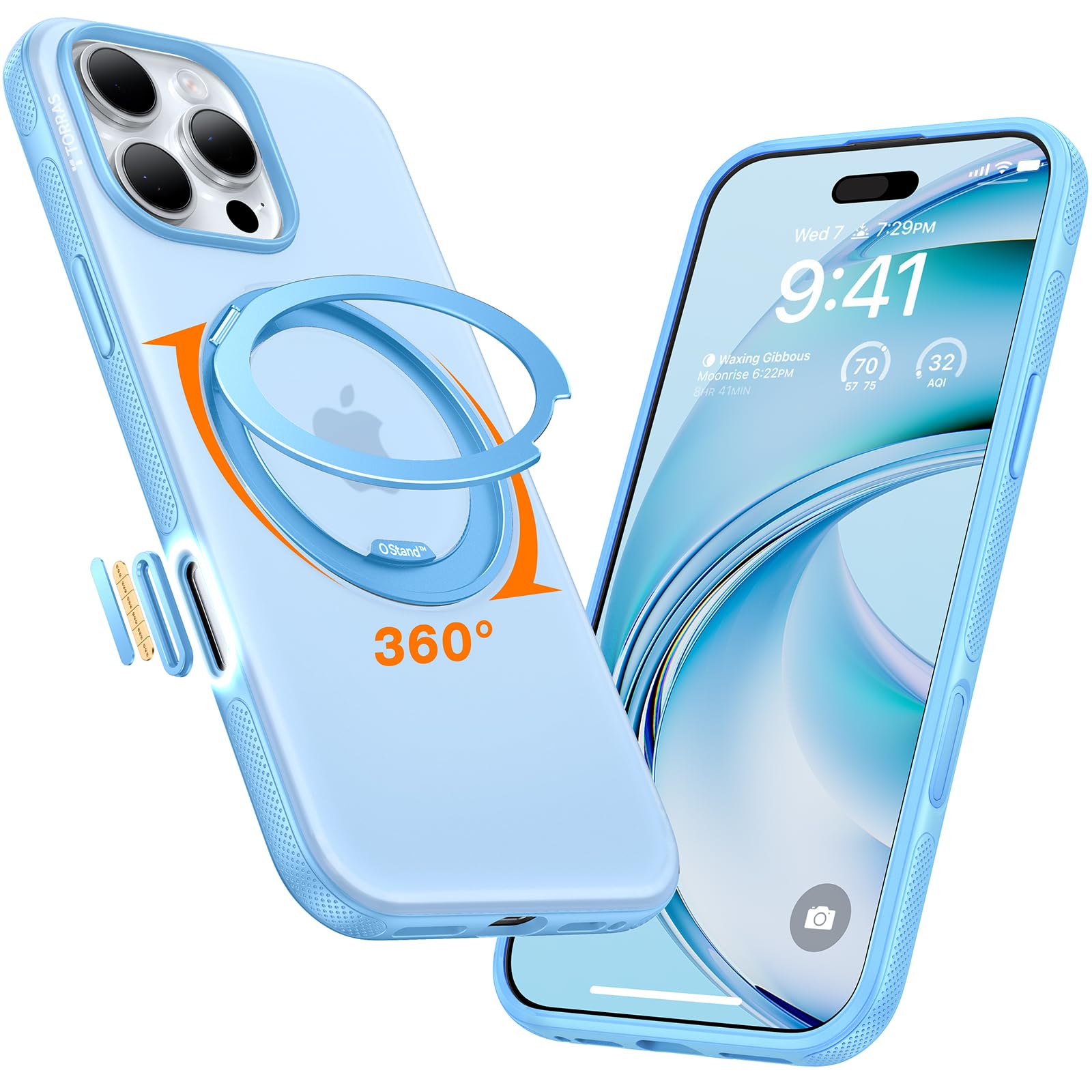Photo 1 of TORRAS 360 Magnetic Stand for iPhone 16 Pro Max Case[Fit for MagSafe][Camera Control Button][Mil-Grade Protection] Slim, Rotatable Kickstand, Translucent Coastal Blue 6.9", Ostand OFitness Series