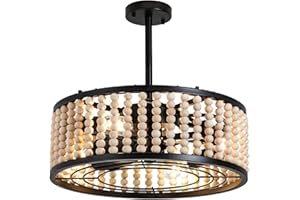 Liokoc Ceiling Fans with Lights and Remote, Caged Ceiling Fan with Handcrafted Beaded Décor 6 Speeds Reversible 19 inches Bulbs Included for Angled Ceiling, Black