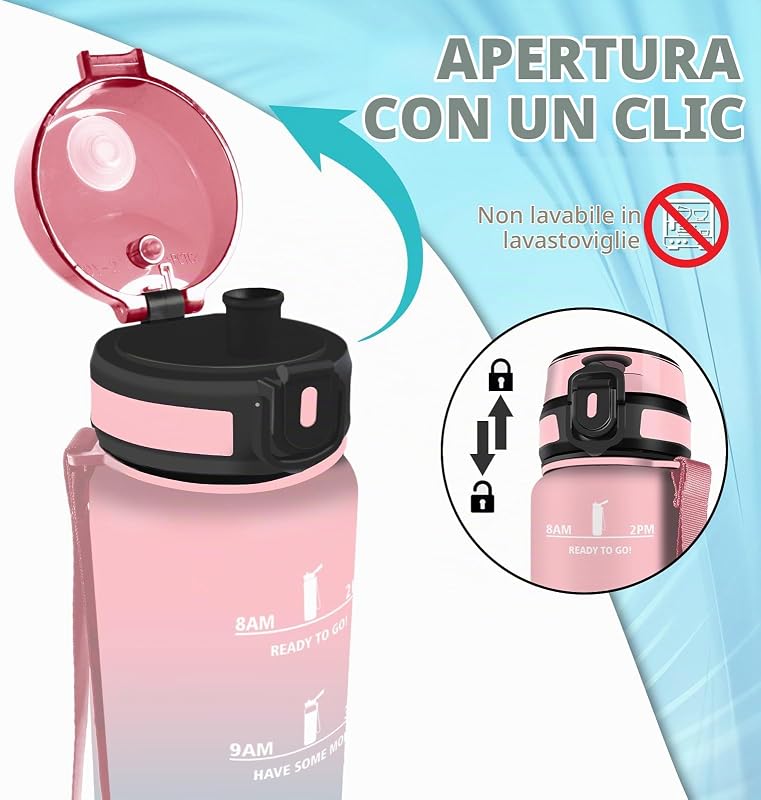 Borraccia Palestra 1 litro, Senza Perdite, Borraccia Motivazionale, Facile da Trasportare, con Orari per Bere, Facile da Pulire, per Campeggio, Fitness, Scuola, Yoga