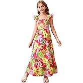 BEAUDRM Girl's Floral Maxi Dress Ruffle Tropical Print Trim Shirred Dresses Vacation Beach Flowy Maxi Tank Dress