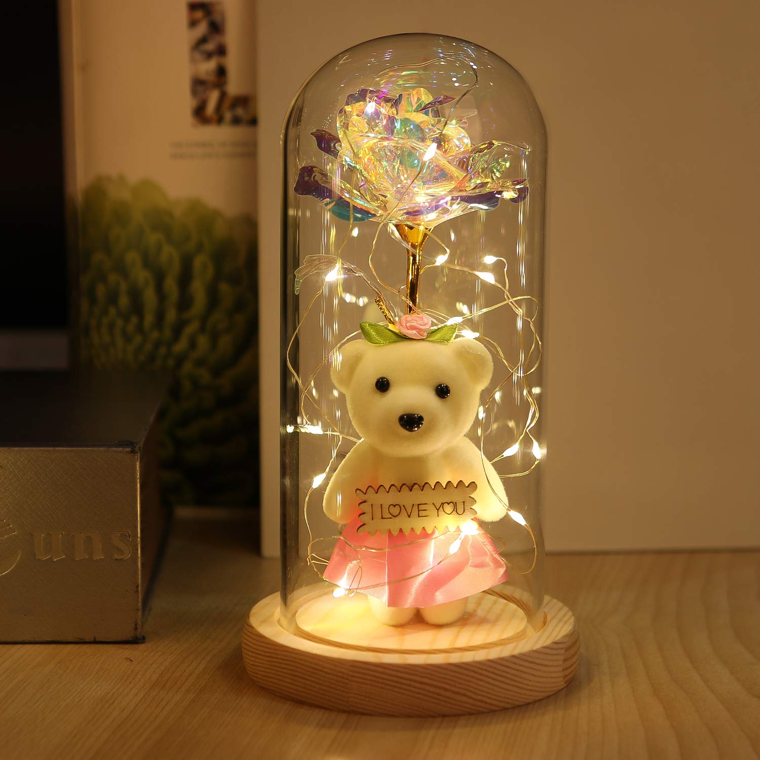 NAWEIDA Galaxy Rose Flower, Infinity Rose in Glass Dome, Beauty and The Beast Led Light String on Galaxy Flower for Women Her Girlfriend Grandma Wife Sister Valentines Anniversary