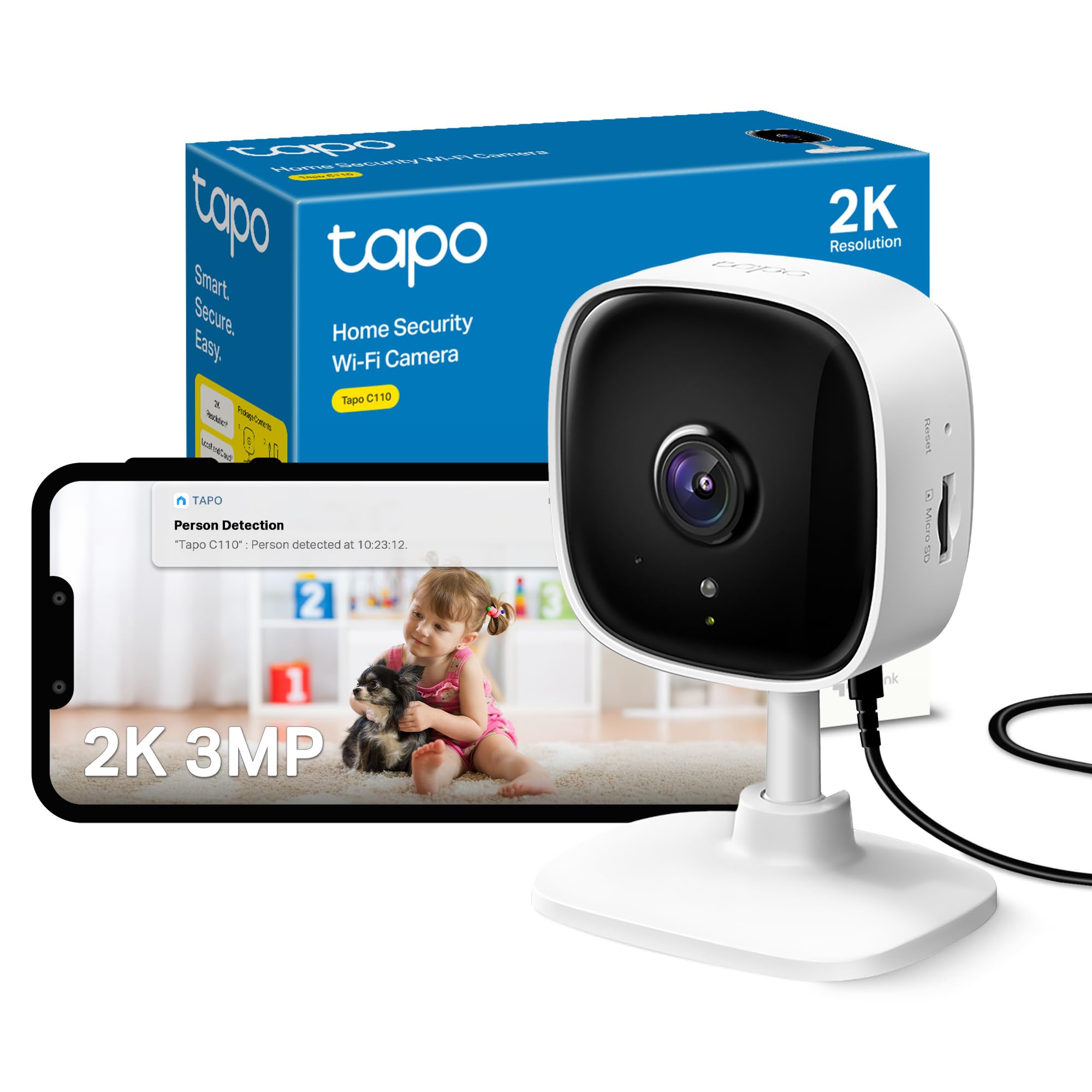 Tapo C110 2K 3MP Indoor Camera House Security, WiFi, No Monthly Fee, AI Detection, Dog Puppy, Baby Monitor, 2-way Talk, Advanced Night Vision, Works with Alexa & Google