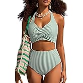 Herseas Women's High Waisted 2 Piece Bikini Sets Halter Patch Pocket Swimsuits Striped Bathing Suit Beach Swimwear 2026