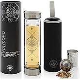 Teabloom All-Beverage Infusion Bottle – 14 oz / 400 ml – Double Wall Insulated Glass Travel Flask – Hot Tea & Cold Brew Coffee Thermos – Removable Sleeve