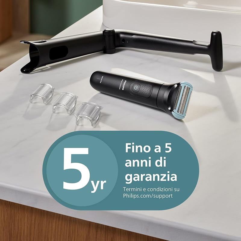 Bodygroom series 5000 - Rifinitore per uomo tripla protezione, Rifinitura e rasatura intima, Accessorio per la schiena pieghevole, Impermeabile 100%, 100 minuti di autonomia, Modello BG5480/15