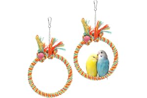 DVHEY 2Pcs Small Bird Swing Birds Toys for Cage Cotton Rope Parakeets Swings Perches Bite Resistance Bead Hanging Ring Toy for Small to Medium Parrots (S Color Ring, 2 Pack)