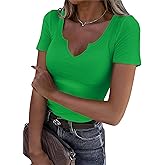 Roselux Women V Neck Ribbed Short Sleeve Shirt Fitted Basic Henley Knit Top
