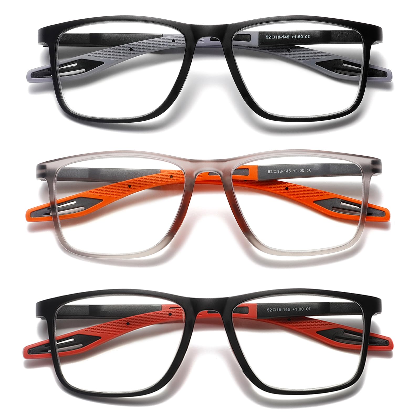 Hubeye TR90 Sports Reading Glasses for Men and Women Square Comfortable Flexible Blue Light Blocking Computer Reader (Black+Orange+Red, 1.50)
