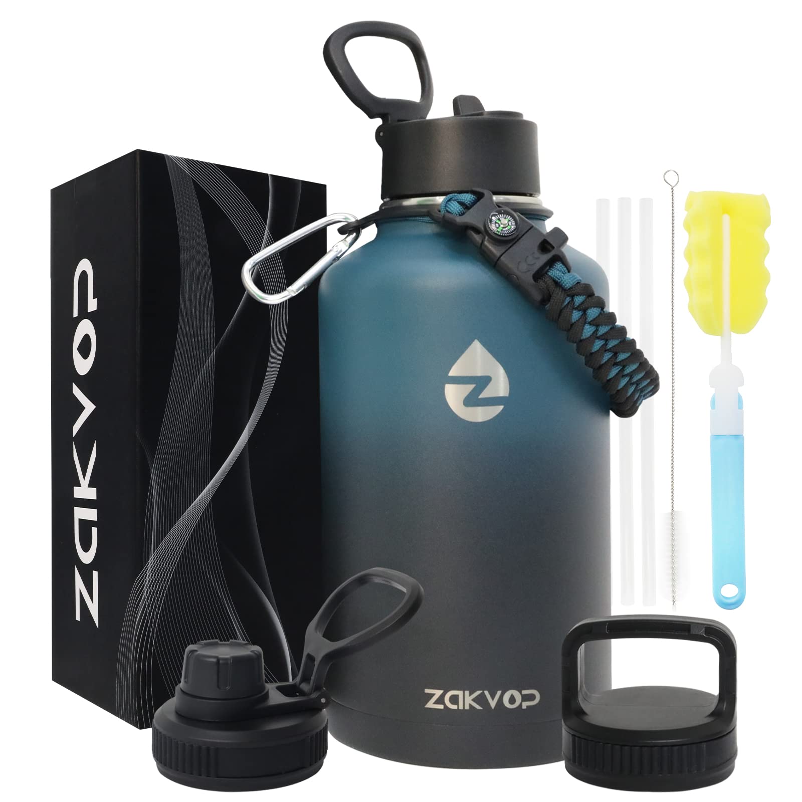 ZAKVOP 2L Insulated Water Bottle with Straws&3 Lids, Stainless Steel Water Bottle with Paracord Handle, 2 Litre Water Bottle Metal with Bottle Brushes for Gym, Hiking, Camping