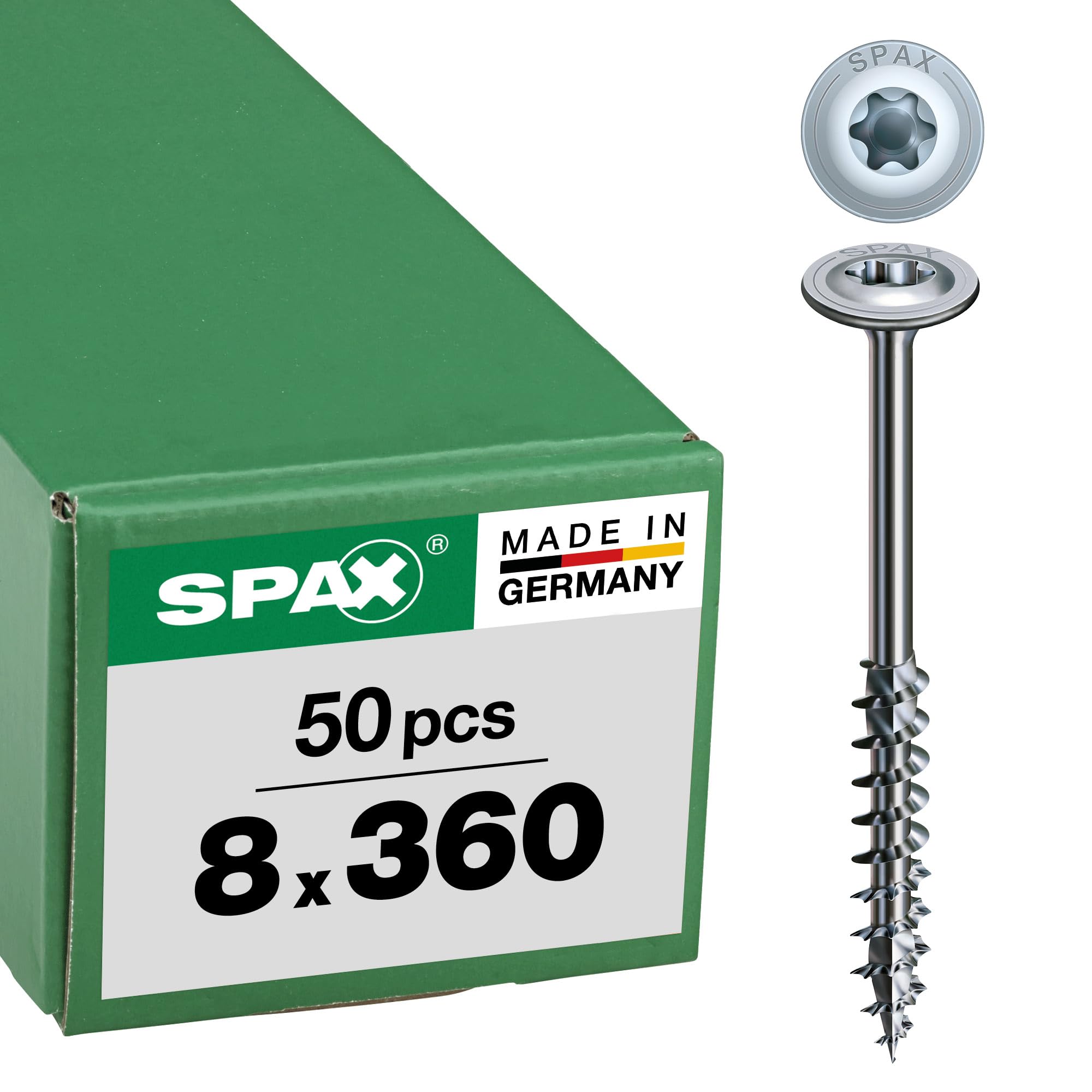 Spax Wood Screw 8.0 mm x 360 mm, Pack of 50, T-Star Plus, Flat Head, Partial Thread, 4Cut, WIROX A3J, 251010803605
