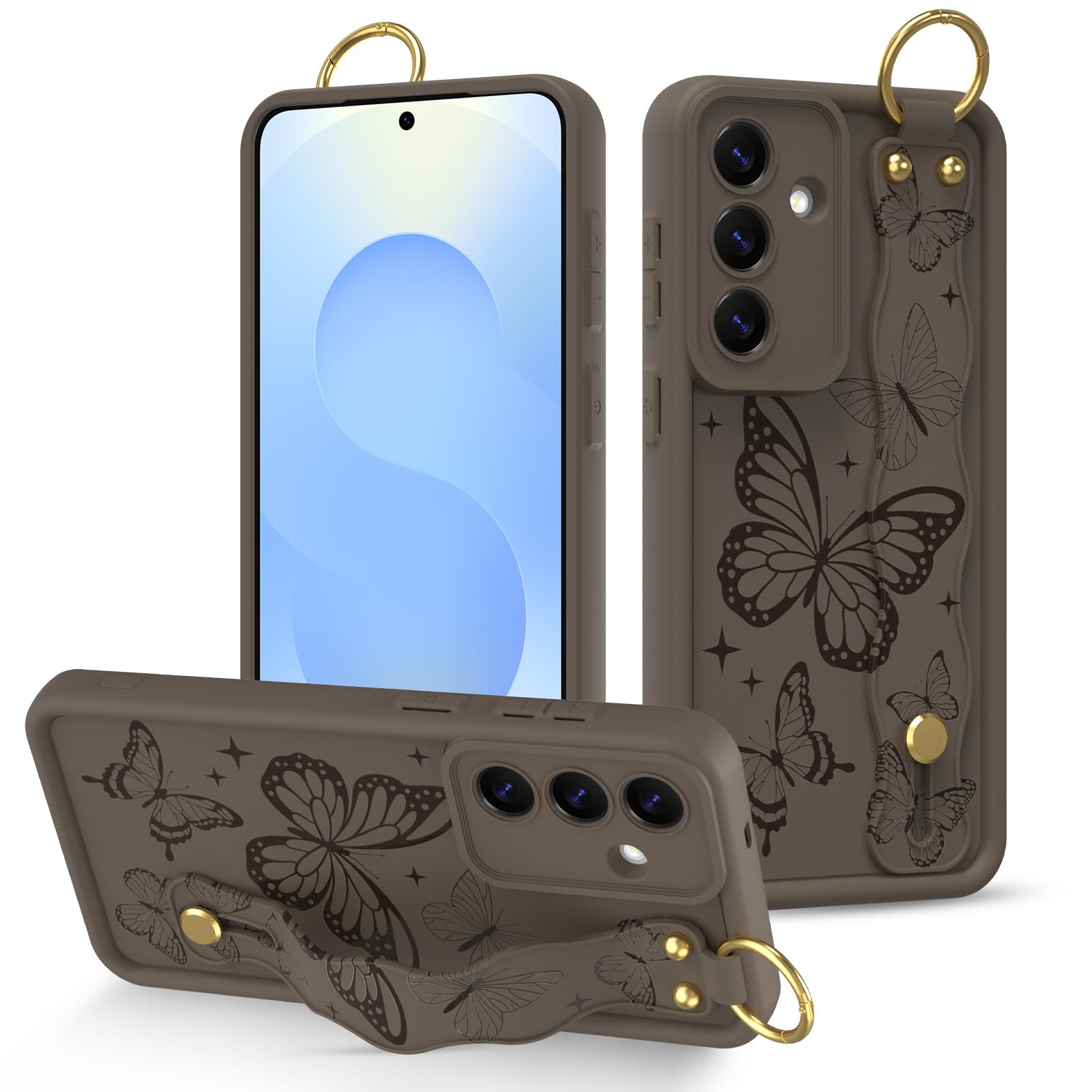 Fiyart Designed for Samsung Galaxy S25 Case with Wrist Strap Kickstand Cute Brown Butterflies for Women Girls Slim TPU Shockproof Wristband Bumper 6.2"- Brown