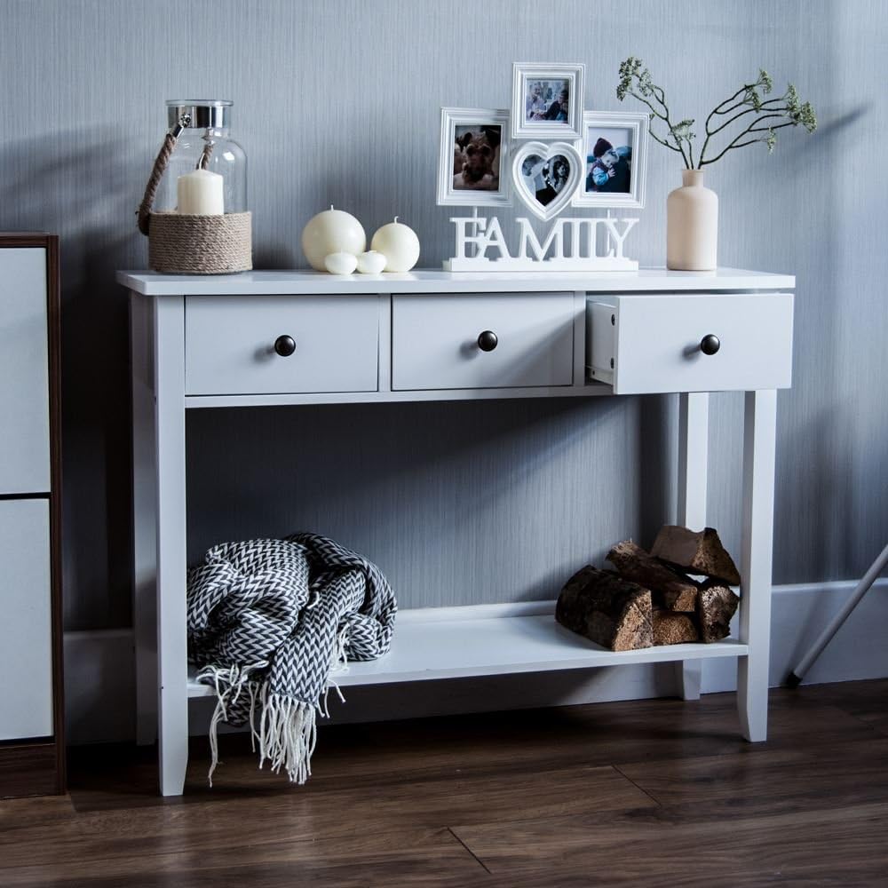 Vida Designs Windsor Console Table With Undershelf, Living Room,Hall Way Furniture (3 Drawer, White), 3 Drawers