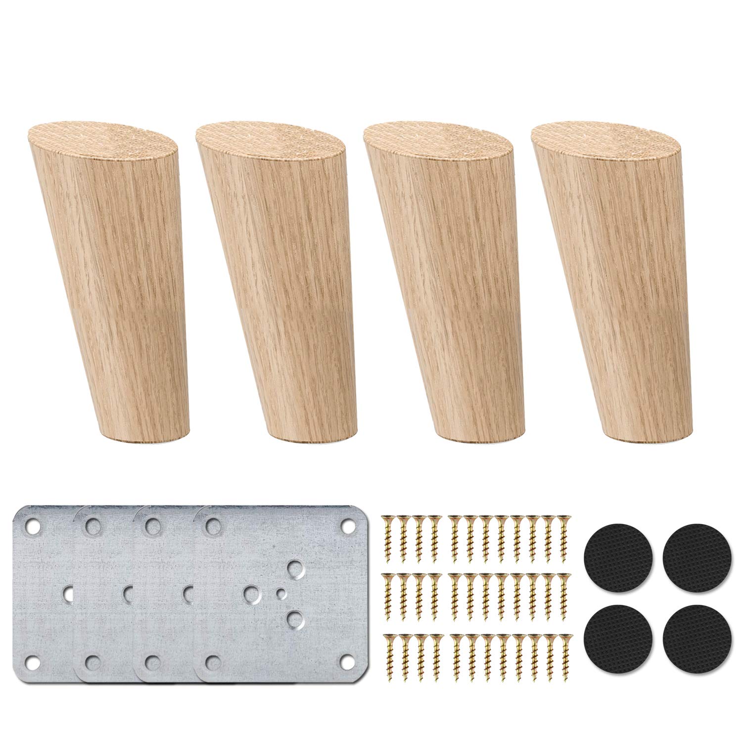 La Vane 6 inch / 15cm Wooden Furniture Legs, Set of 4 Solid Wood Oblique Tapered Furniture Replacement Feet with Mounting Plate & Screws for Sofa TV Cabinet Bed Dining Table