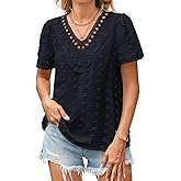 Falechay Summer Tops For Women 2026 Boho Swiss Dot Blouses Short Sleeve Shirts Flowy V Neck Casual Peasant Lace Hem Clothing
