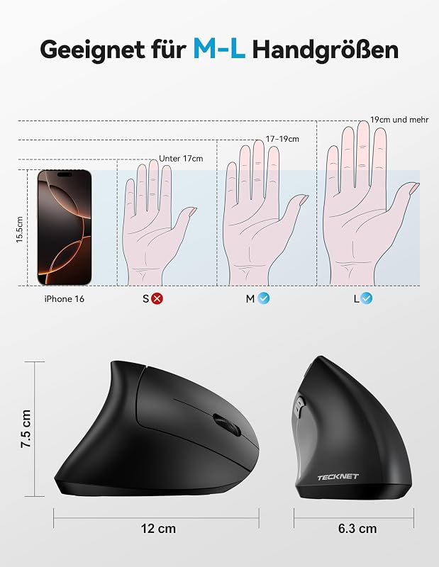 Ergonomische Bluetooth Maus, Wiederaufladbar Kabellose Vertikale Maus (BT 5.0/3.0 + 2.4G), 6 Einstellstufen bis 4800 DPI, Optische Leise Funkmaus mit USB-A-Empfänger, Breite Kompatibilität