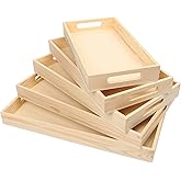 LotFancy Wooden Nested Serving Trays, Set of 5, Unfinished Natural Wood Trays with Handles, for Craft and Decor, Food Organizer for Breakfast, Lunch, Dinner