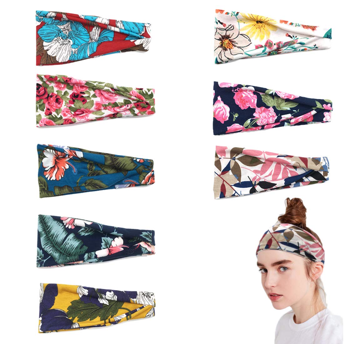 Beach Headbands for Women, 9 Pack Women's Boho Headbands for Women Girls Wide Bohemian Knotted Yoga Headband Head Wrap Hair Band Elastic Hair Band Accessories for girl(A) : Beauty