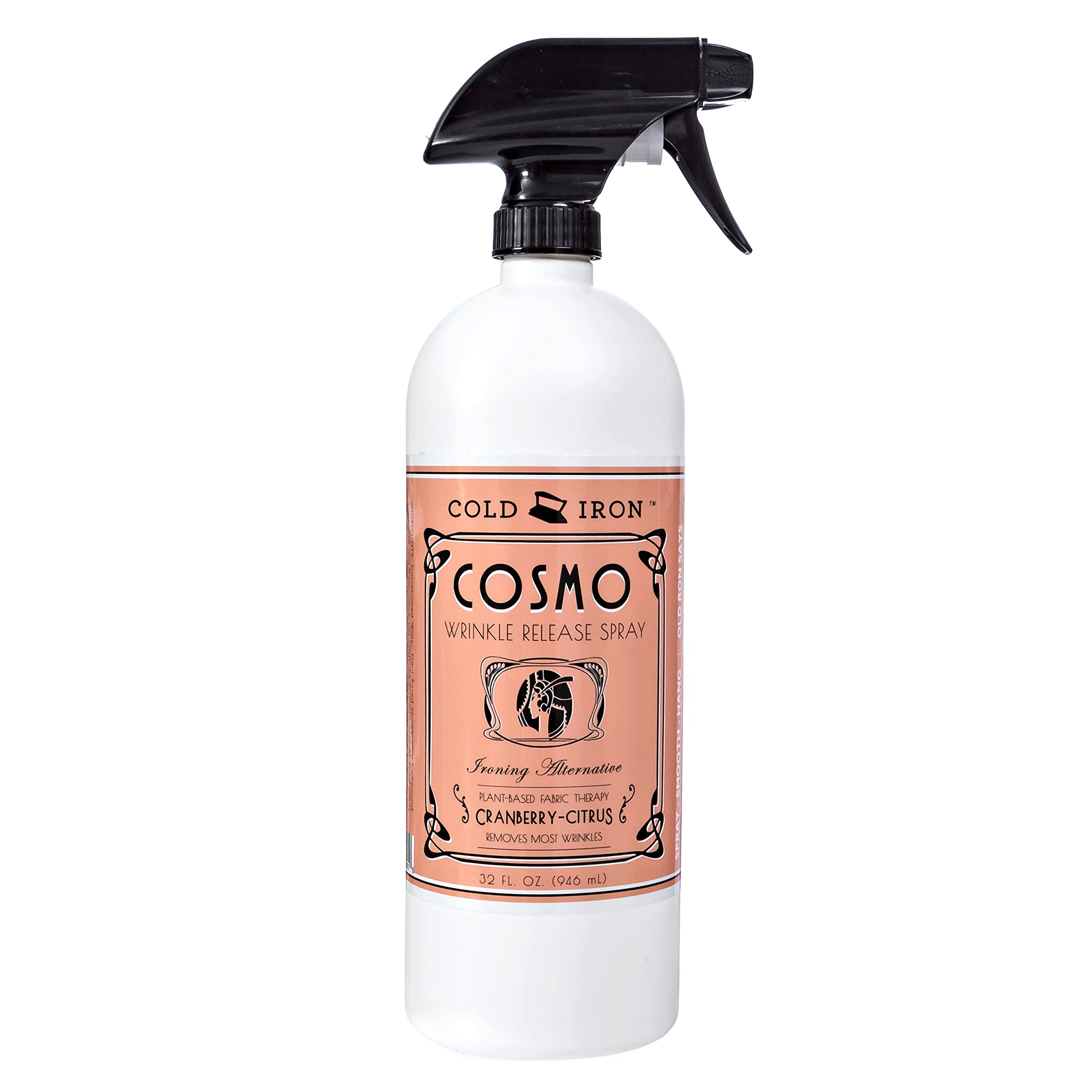 Cold Iron Wrinkle Release Spray 32 fl oz. Cranberry-Citrus. Plant Based Ironing Alternative. Fast, Easy to Use. Spray, Smooth, Hang. Award Winning Formula to Save You Time