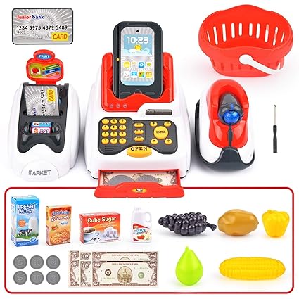 Barodians Supermarket Play Set with Toy Shopping Cart, Toy Cash Register, Checkout Counter, Working Scanner, Play Money, Play Food for Baby Pretend Play (Cash Counter)