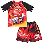 Disney Cars UPF 50+ Rash Guard Shirt and Swim Trunks Outfit Set Toddler to Little Kid Sizes (2T - 7-8)